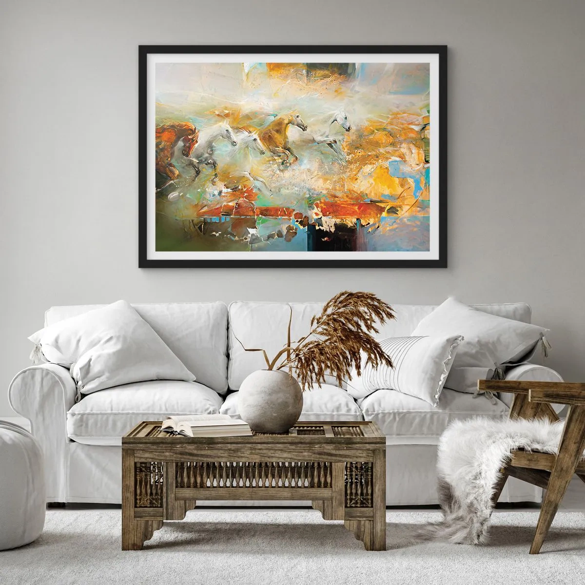 Poster în ramă neagră - Galopând prin lumină - 100x70 cm