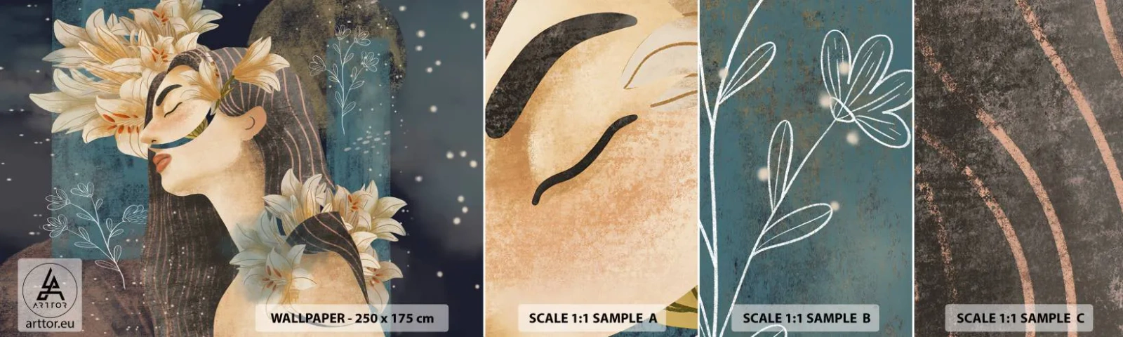 Mostră tapet autocolant Deluxe Sticker - Povestea prințesei cu crini - Abstracția, Femeie, Flori - 100x30 cm