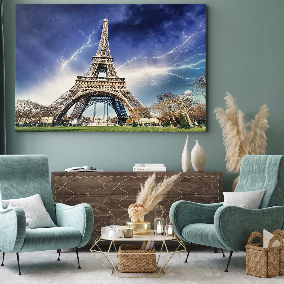 Tablou pe pânză Canvas - Turnul Eiffel cu un cer furtunos și fulgere în fundal - 70x50cm - Stăpânul furtunilor - Decorațiune modernă pentru perete pentru living și dormitor ARTTOR