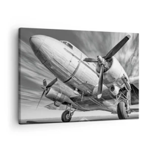 Tablou pe pânză Canvas - O imagine alb-negru a unui avion clasic cu detalii structurale vizibile. - 70x50cm - Întotdeauna gata de zbor - Decorațiune modernă pentru perete pentru living și dormitor ARTTOR