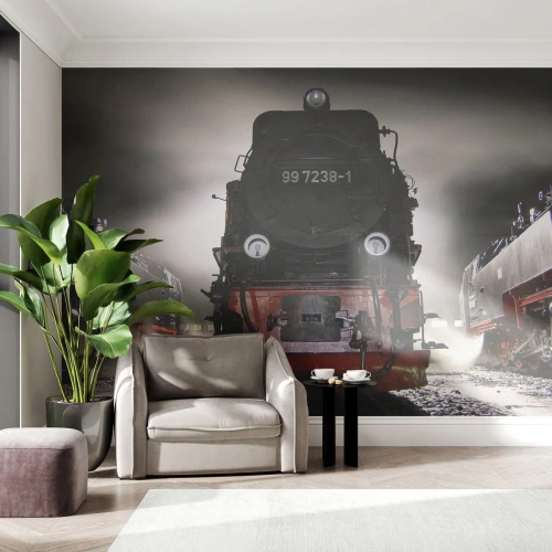 Tapet Premium Canvas - Stă și pufuie, geme și suflă... - Locomotiva cu abur, Gară, Automobile - 250x175 cm