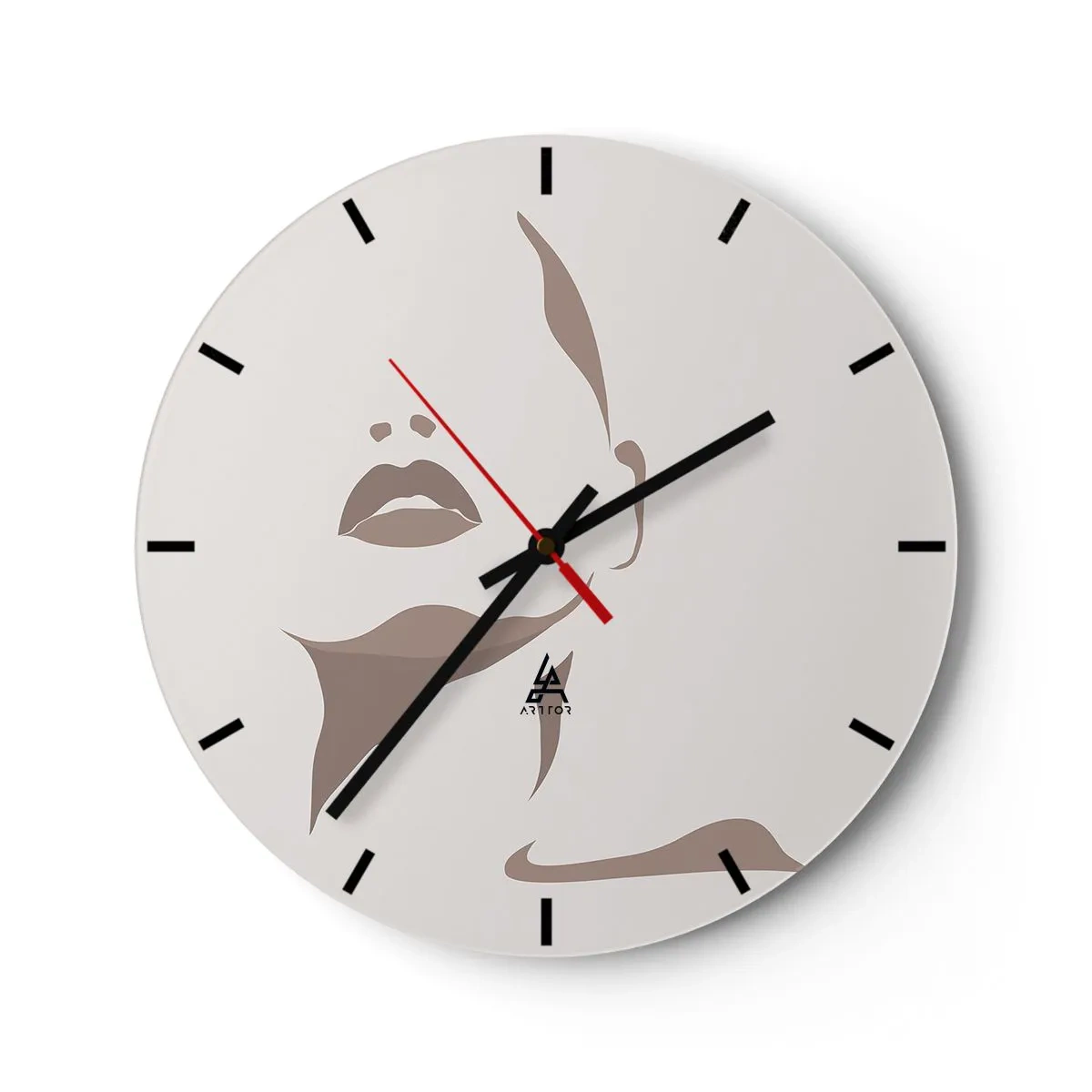 Ceas de perete - Ceas pe sticlă - Un portret minimalist al unei femei în nuanțe de bej. - 30x30cm - Creată din lumină și umbră - Decorațiune modernă pentru perete pentru living, bucătărie și dormitor ARTTOR