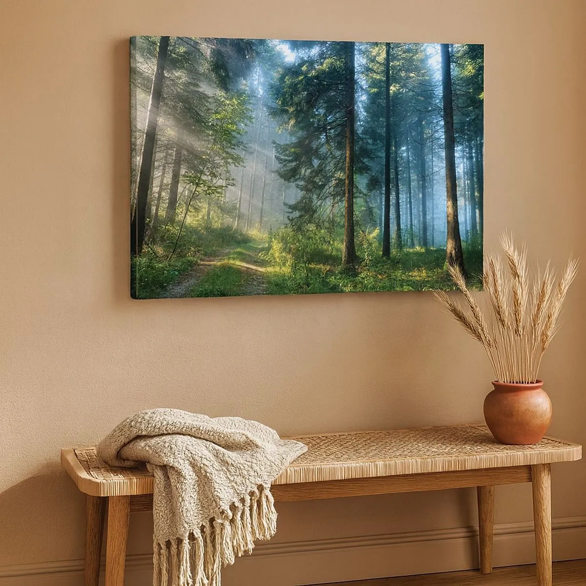 Tablou pe pânză Canvas - O cărare de pădure luminată de razele soarelui de dimineață - 70x50cm - Strălucirea de dimineață - Decorațiune modernă pentru perete pentru living și dormitor ARTTOR
