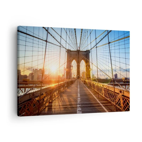 Tablou pe pânză Canvas - Podul în lumina soarelui care apune, cu vedere asupra orașului - 70x50cm - Pe podul de aur - Decorațiune modernă pentru perete pentru living și dormitor ARTTOR