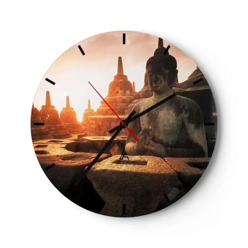 Ceas de perete - Ceas pe sticlă - Apus de soare peste statuile lui Buddha înconjurate de temple - 30x30cm - Vreme de mare înțelepciune - Decorațiune modernă pentru perete pentru living, bucătărie și dormitor ARTTOR