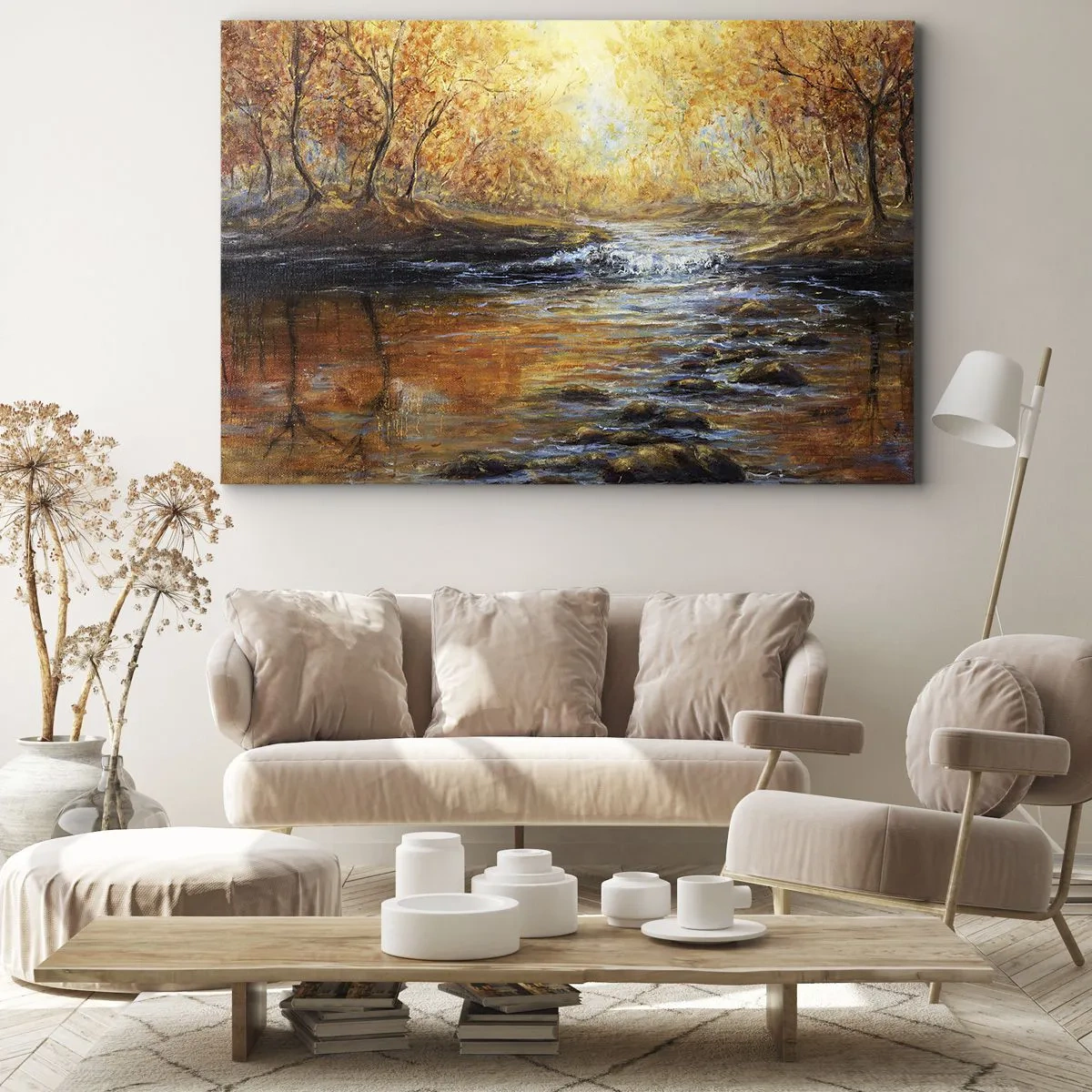 Tablou pe pânză Canvas - Peisaj de toamnă cu un râu printre copaci - 70x50cm - Pârâul de aur - Decorațiune modernă pentru perete pentru living și dormitor ARTTOR