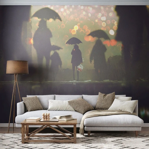 Tapet Standard Eco - O figură cu o umbrelă în ploaie, înconjurată de siluete încețoșate - 100x70cm - Din perspectiva unei picături de ploaie - Decorațiune modernă pentru perete pentru living și dormitor ARTTOR