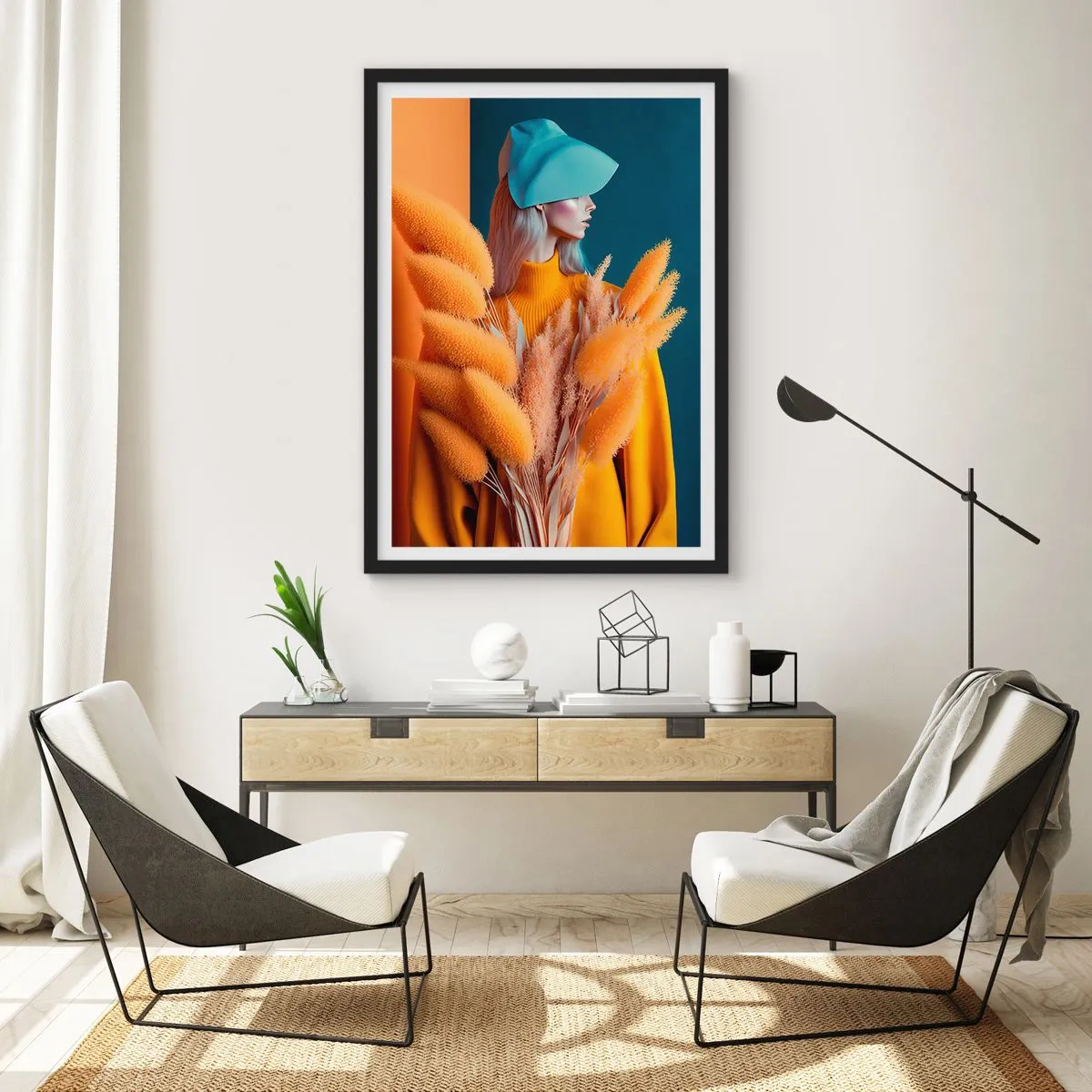 Poster în ramă neagră - Un portret modern al unei femei în culori calde - 50x70cm - Portret pufos - Decorațiune modernă pentru perete pentru living și dormitor ARTTOR
