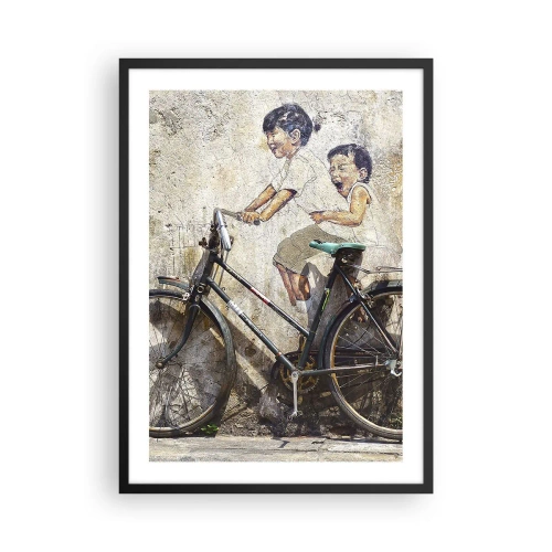 Poster în ramă neagră - O pictură murală stradală cu copii pe bicicletă - 50x70cm - Adevărat sau fals? - Decorațiune modernă pentru perete pentru living și dormitor ARTTOR