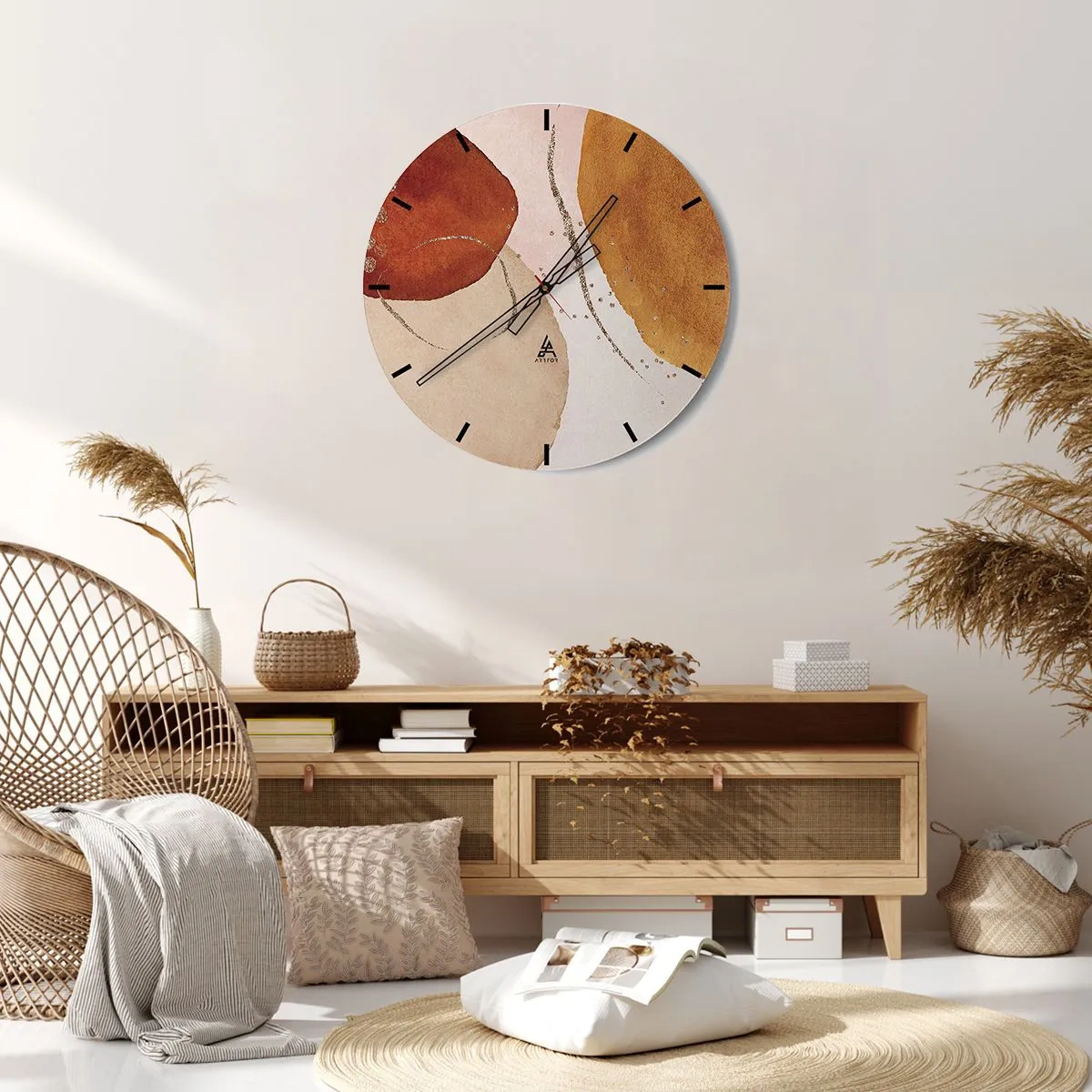 Ceas de perete - Ceas pe sticlă - Compoziție abstractă cu pete de culoare pământie - 30x30cm - Rotunjime și mișcare - Decorațiune modernă pentru perete pentru living, bucătărie și dormitor ARTTOR