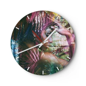 Ceas de perete - Ceas pe sticlă - Portret de femeie cu elemente din natură și frunze colorate în fundal - 30x30cm - Mama Natură în junglă - Decorațiune modernă pentru perete pentru living, bucătărie și dormitor ARTTOR