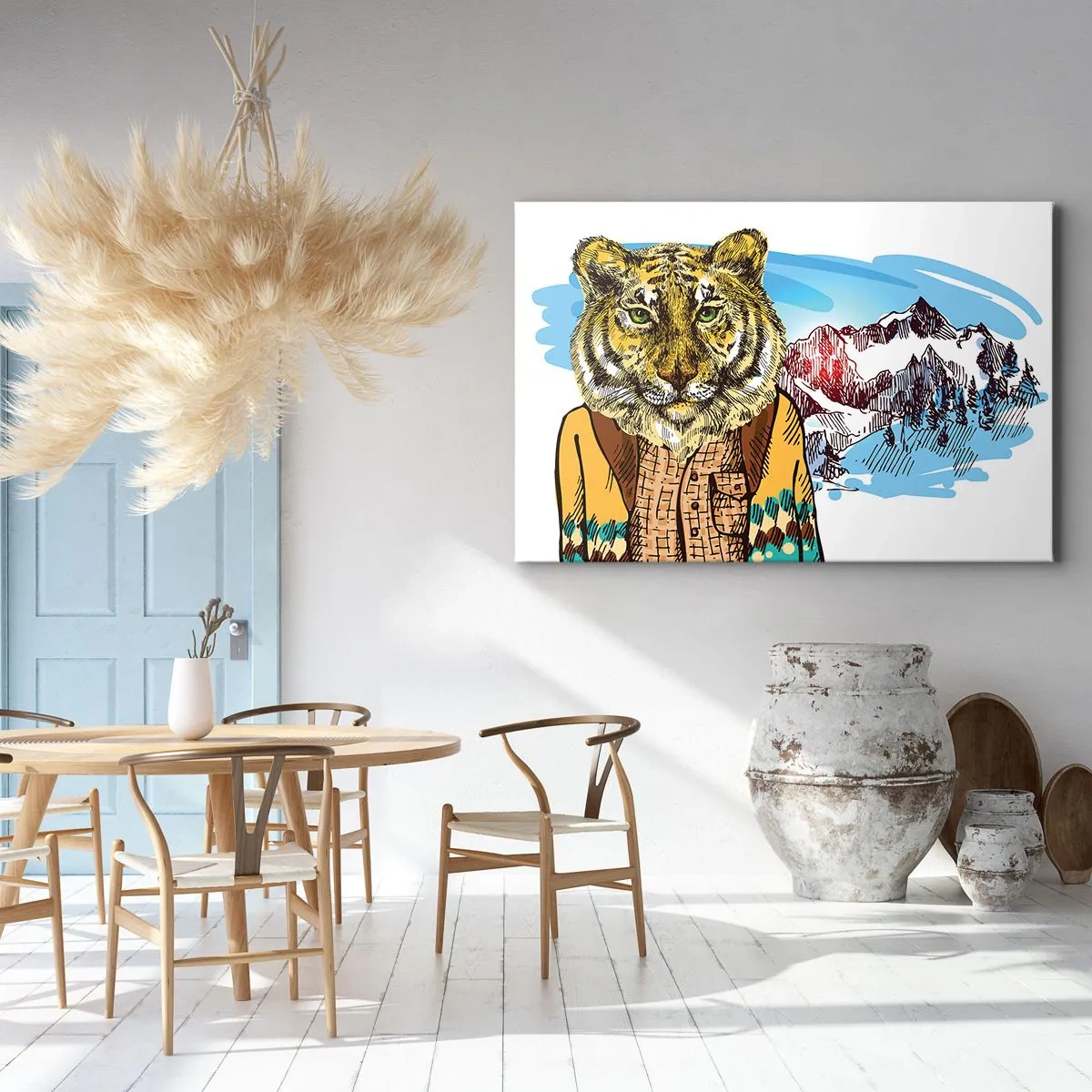 Tablou pe pânză Canvas - Un tigru într-o haină pe fundalul unui peisaj montan - 70x50cm - Nu atât de sălbatic cum este cunoscut - Decorațiune modernă pentru perete pentru living și dormitor ARTTOR