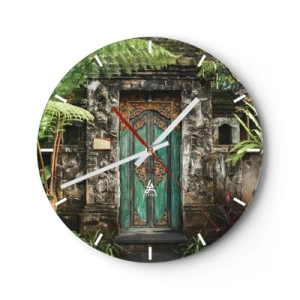 Ceas de perete - Ceas pe sticlă - O ușă verde ornamentată într-un zid de piatră înconjurat de vegetație - 30x30cm - O ușă către o lume exotică - Decorațiune modernă pentru perete pentru living, bucătărie și dormitor ARTTOR