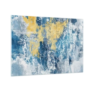 Tablou pe sticlă - Abstracție albastră și galbenă cu efect texturat și distrus - 70x50cm - Abstracție de vreme - Decorațiune modernă pentru perete pentru living și dormitor ARTTOR