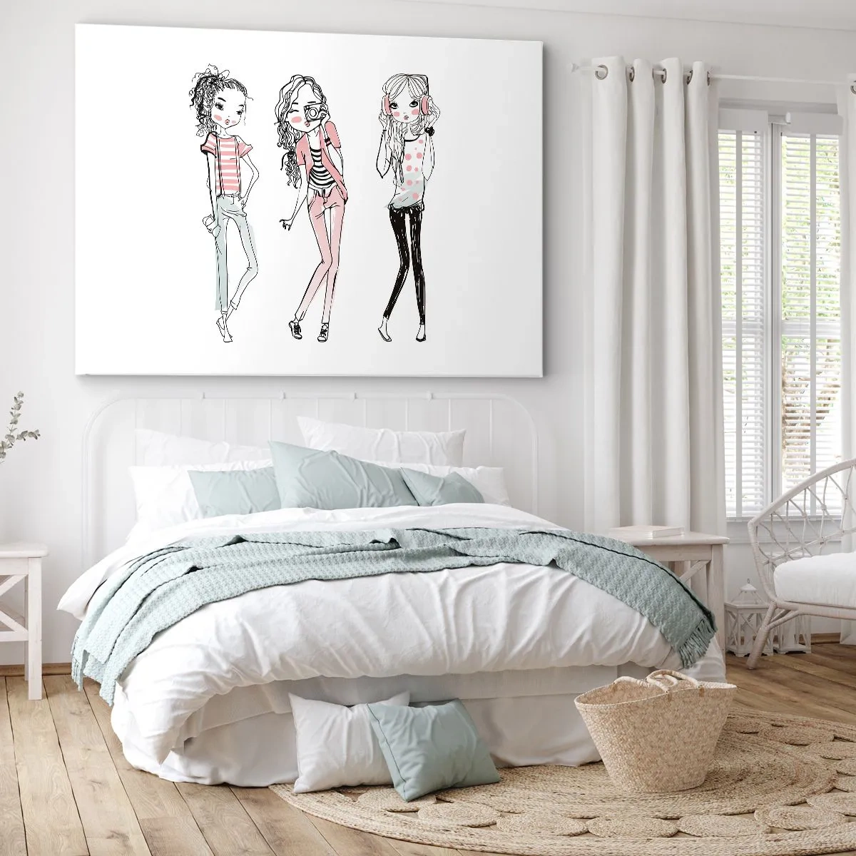 Tablou pe pânză Canvas - Ilustrație a fetelor la modă în culori pastelate - 70x50cm - Hai la distracție - Decorațiune modernă pentru perete pentru living și dormitor ARTTOR