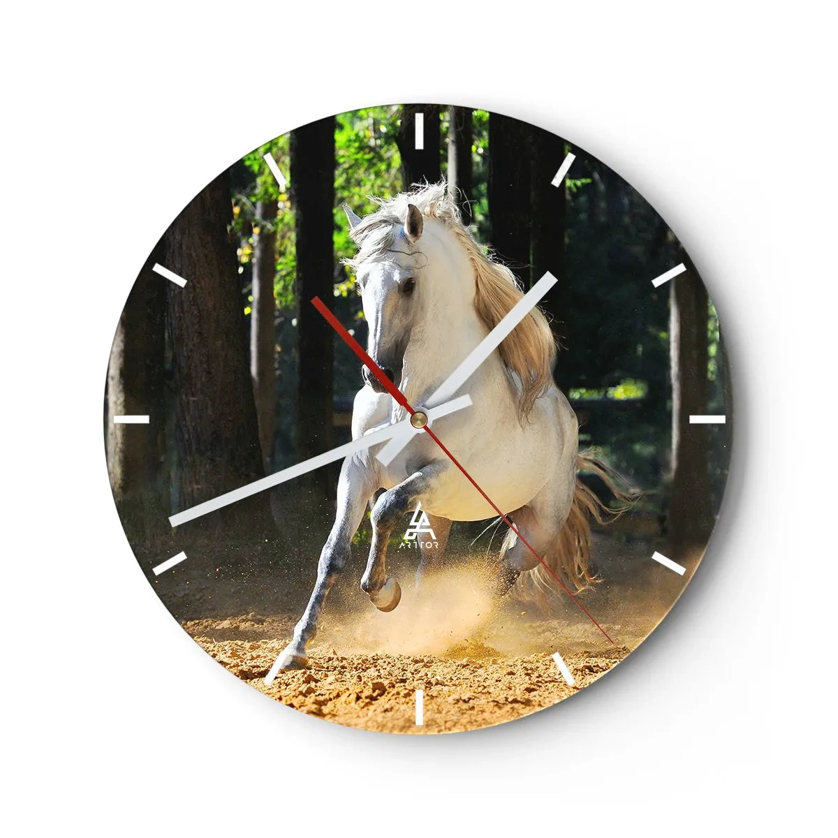 Ceas de perete - Ceas pe sticlă - Un cal alb galopând printre copaci - 30x30cm - Ca într-un roman fantastic - Decorațiune modernă pentru perete pentru living, bucătărie și dormitor ARTTOR