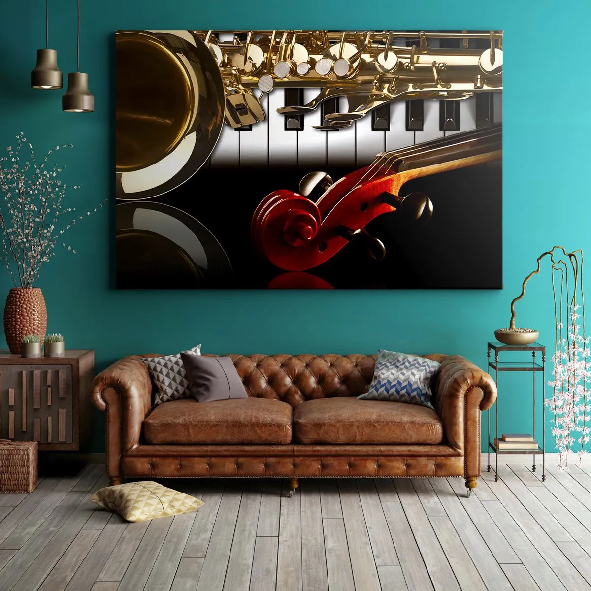 Tablou pe pânză Canvas - Un saxofon auriu, clape de pian și o vioară roșie - 70x50cm - Tablă, lemn și fildeș - Decorațiune modernă pentru perete pentru living și dormitor ARTTOR