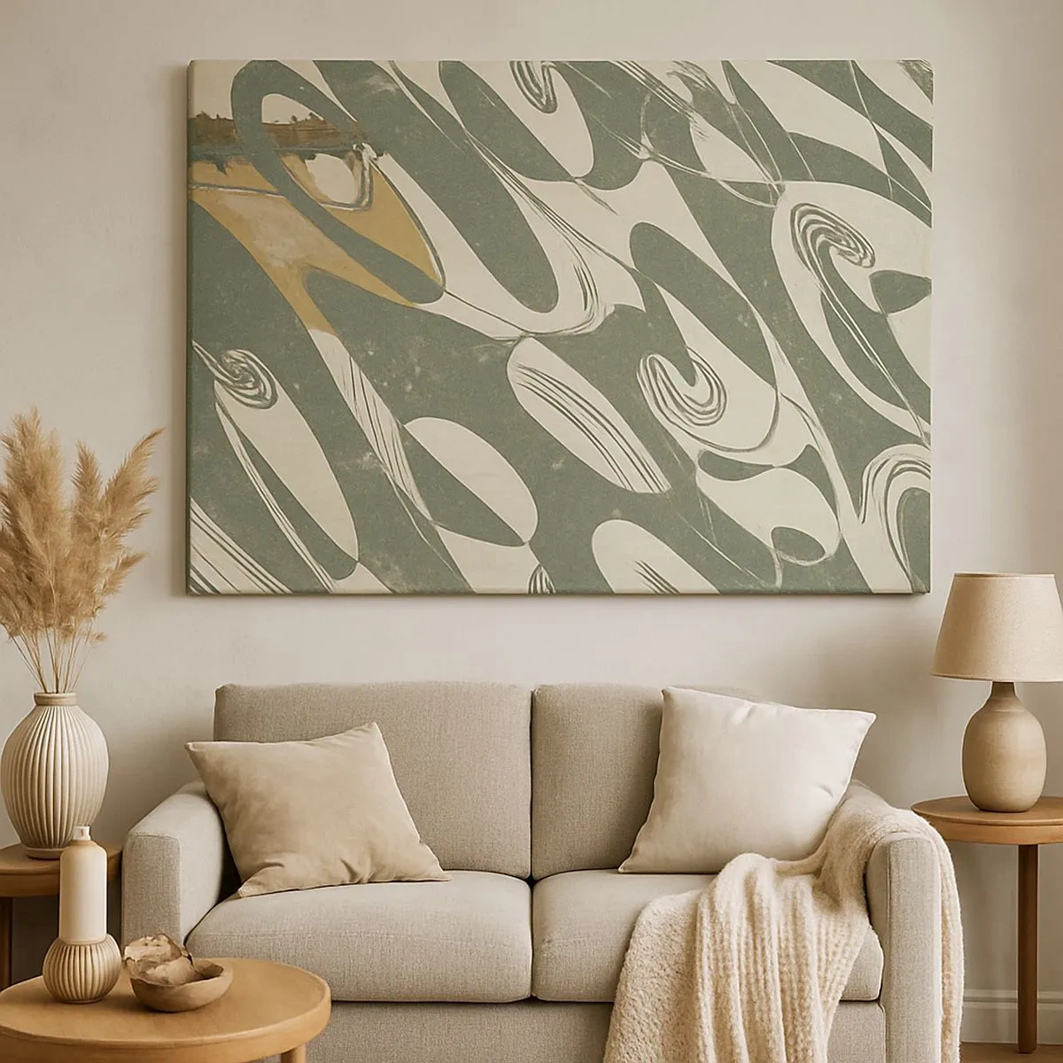 Tablou pe pânză Canvas - Forme dinamice în nuanțe de verde și auriu - 70x50cm - Abstracție ritmică - Decorațiune modernă pentru perete pentru living și dormitor ARTTOR