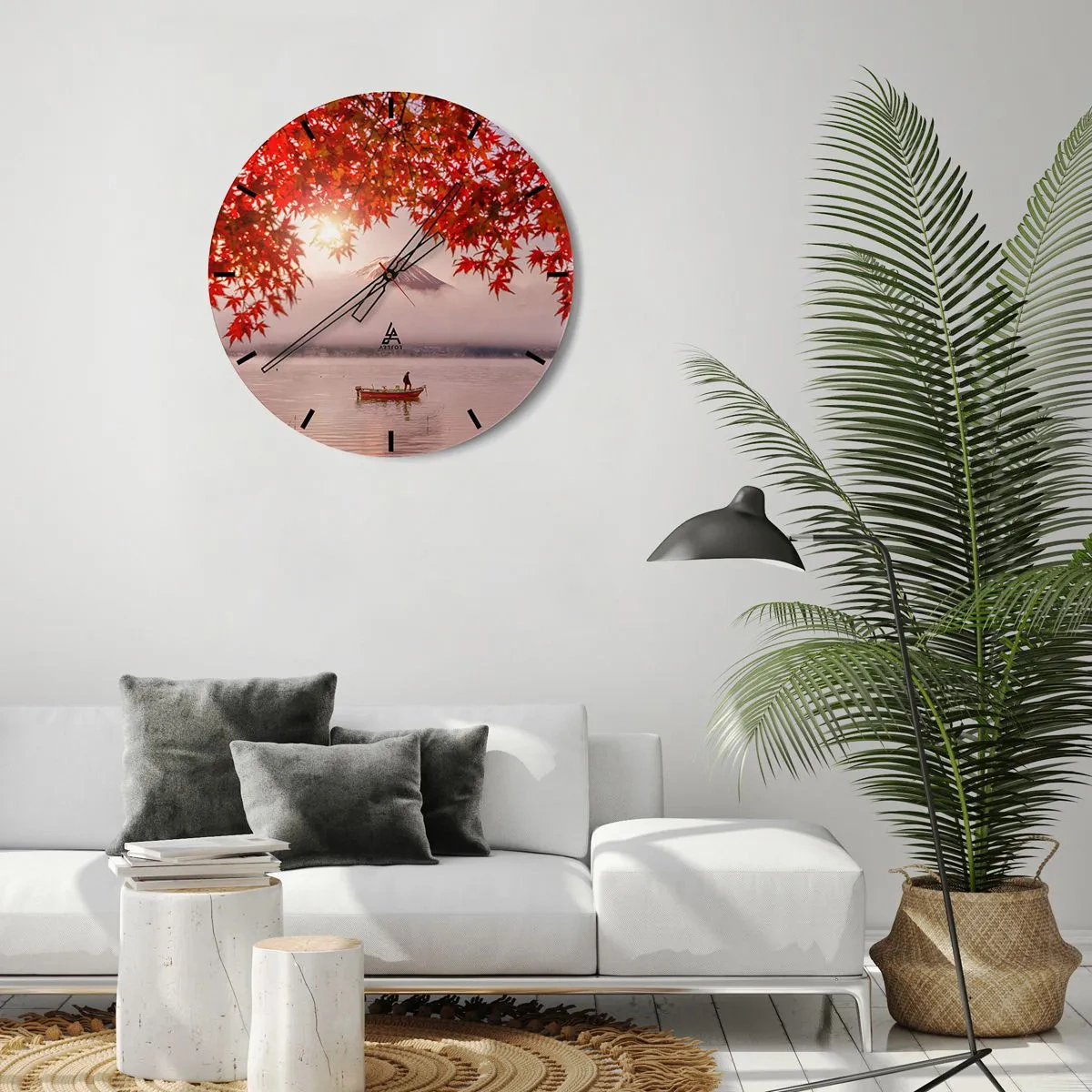 Ceas de perete - Ceas pe sticlă - Frunze de toamnă cu Muntele Fuji în fundal și o barcă pe un lac - 30x30cm - În stil japonez - Decorațiune modernă pentru perete pentru living, bucătărie și dormitor ARTTOR
