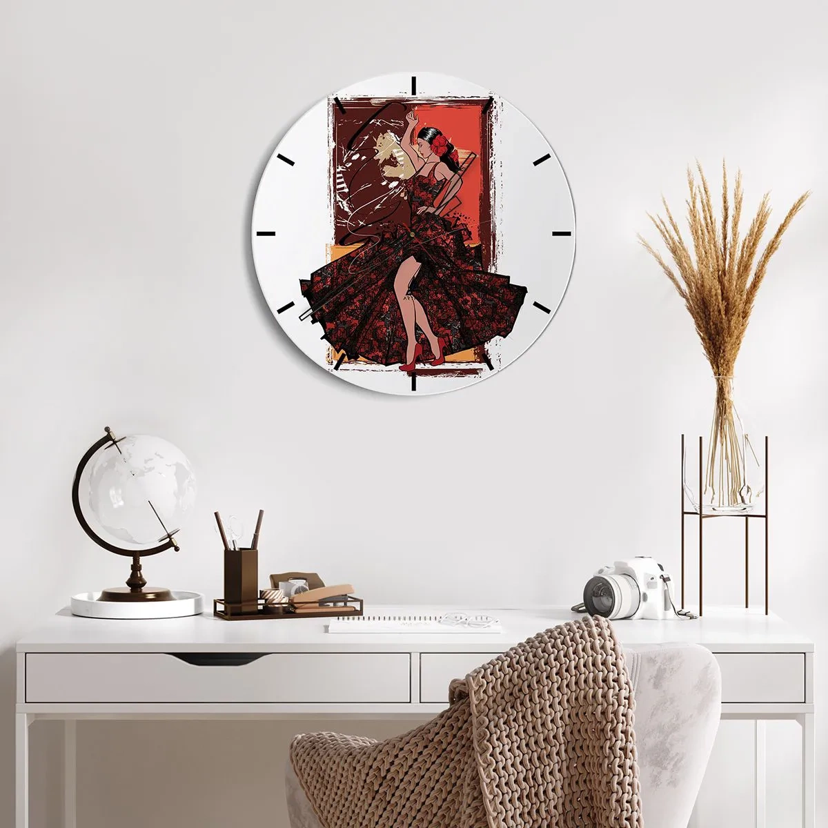 Ceas de perete - Ceas pe sticlă - O dansatoare într-o rochie roșie cu un fundal artistic - 30x30cm - În ritmul inimii - Decorațiune modernă pentru perete pentru living, bucătărie și dormitor ARTTOR