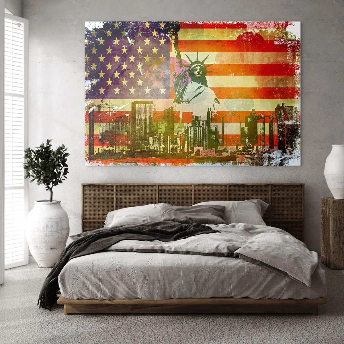 Tablou pe sticlă - Drapelul SUA cu silueta Statuii Libertății și a peisajului urban - 70x50cm - Viva America! - Decorațiune modernă pentru perete pentru living și dormitor ARTTOR