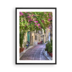 Poster în ramă neagră - O stradă colorată cu flori înflorite și arhitectură clasică - 50x70cm - Alee înfloritoare - Decorațiune modernă pentru perete pentru living și dormitor ARTTOR