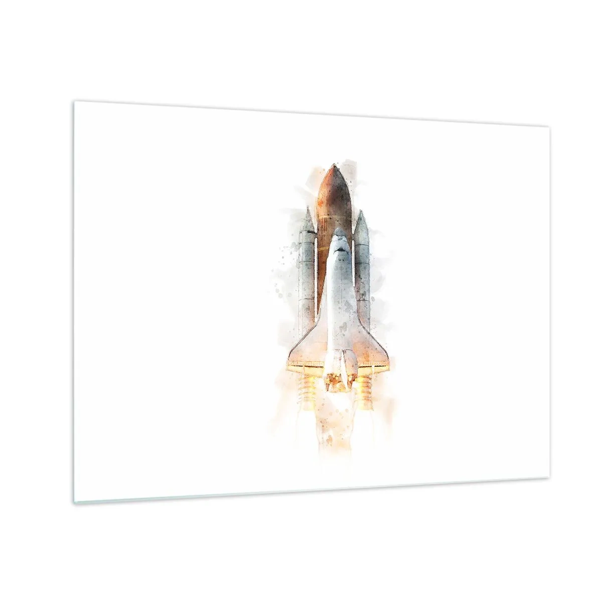 Tablou pe sticlă - O navetă spațială decolând în stil acuarelă pe fundal alb. - 70x50cm - Exploratorii la start - Decorațiune modernă pentru perete pentru living și dormitor ARTTOR