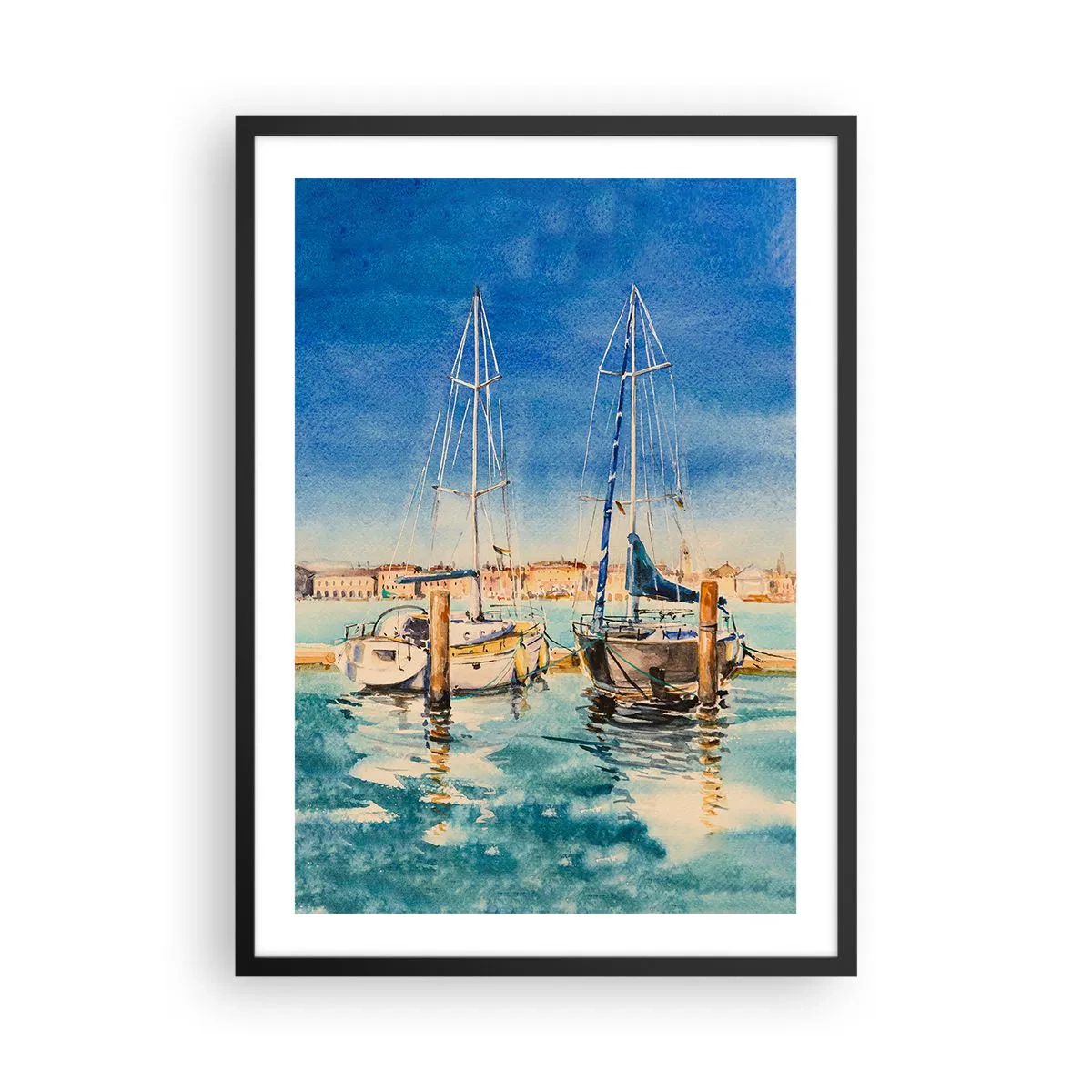 Poster în ramă neagră - Ilustrație în acuarelă a unor bărci cu pânze pe fundalul unei lagune albastre într-o zi însorită. - 50x70cm - Laguna însorită - Decorațiune modernă pentru perete pentru living și dormitor ARTTOR