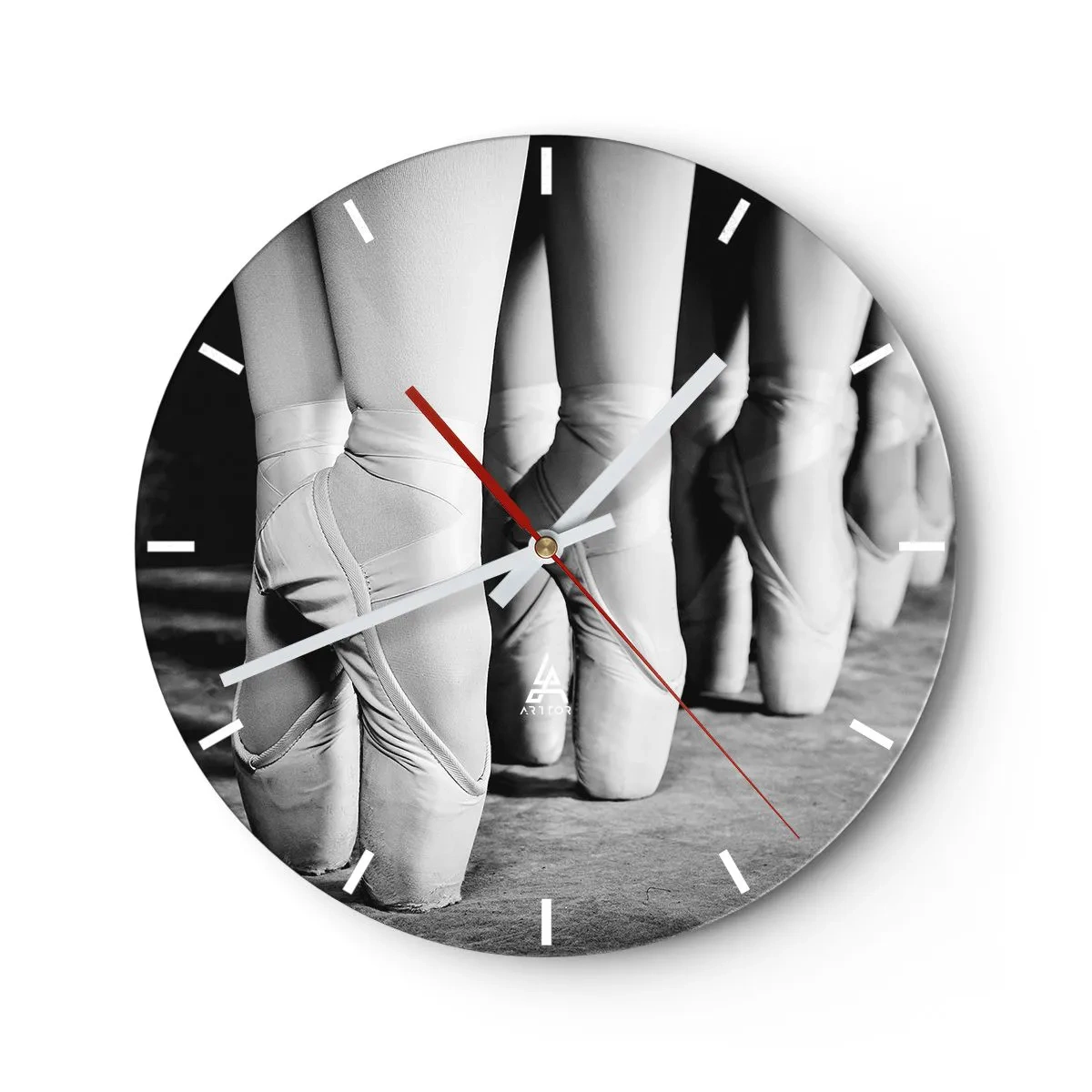 Ceas de perete - Ceas pe sticlă - Balerine albe și negre în pantofi cu vârfuri - 30x30cm - Împreună, elegant - Decorațiune modernă pentru perete pentru living, bucătărie și dormitor ARTTOR