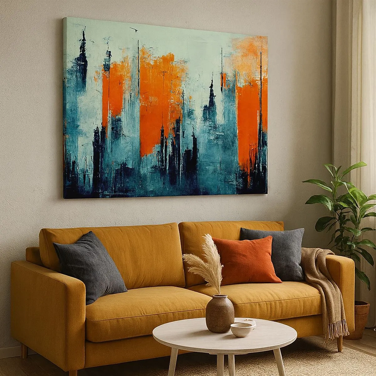 Tablou pe pânză Canvas - peisaj urban abstract în nuanțe de portocaliu și albastru - 70x50cm - Peisaj modern - Decorațiune modernă pentru perete pentru living și dormitor ARTTOR