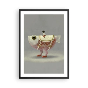 Poster în ramă neagră - Un pește fantastic cu o șa și o figură pe un fundal gri - 50x70cm - Călărețul Pescărel - Decorațiune modernă pentru perete pentru living și dormitor ARTTOR