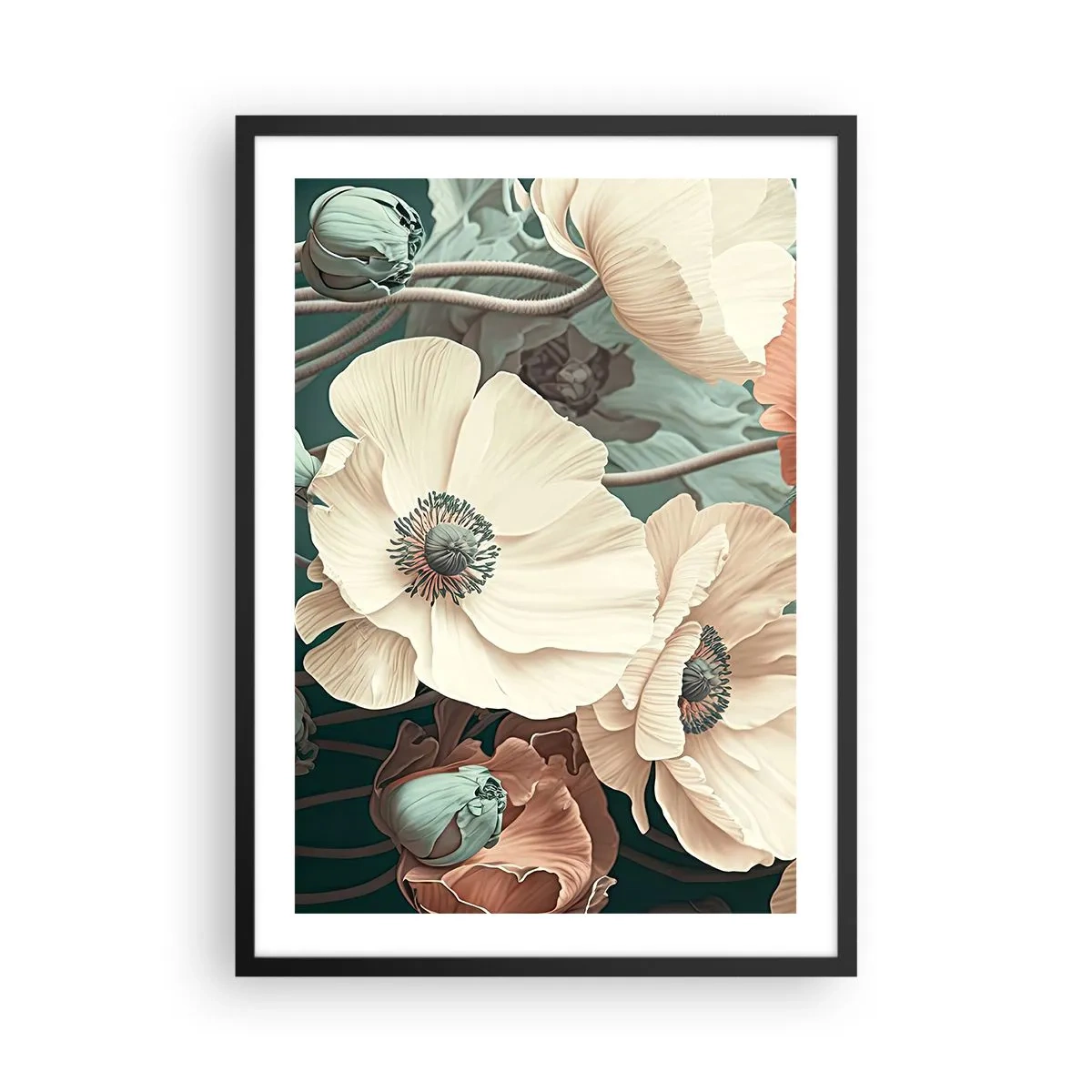 Poster în ramă neagră - Flori delicate în nuanțe pastelate pe un fundal închis - 50x70cm - Șoapta macilor - Decorațiune modernă pentru perete pentru living și dormitor ARTTOR