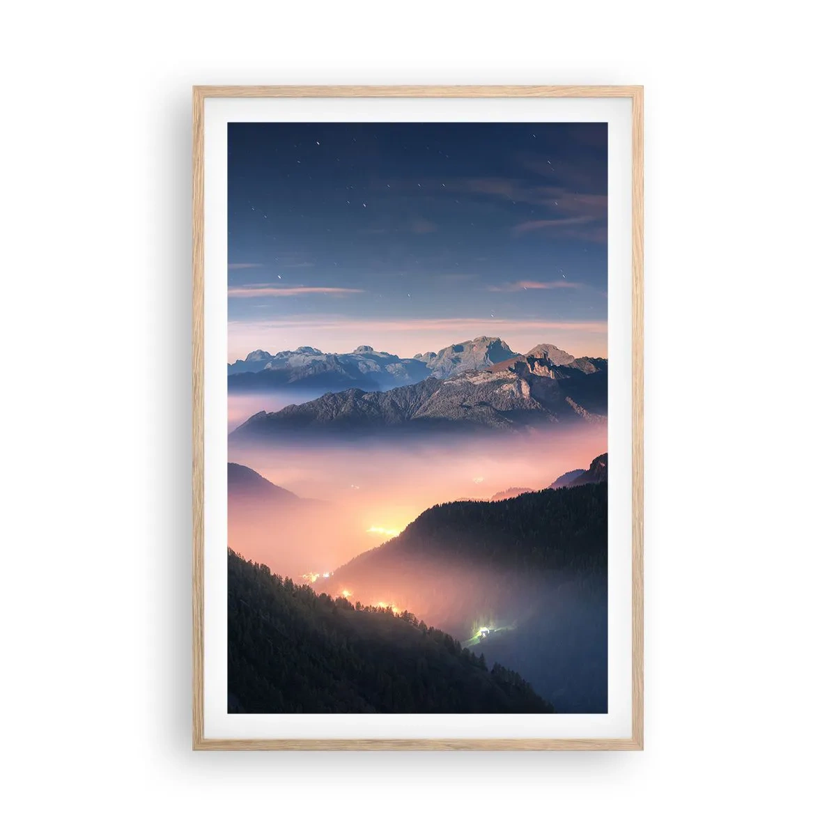 Poster în ramă de stejar deschis - Lumină în văi - 61x91 cm