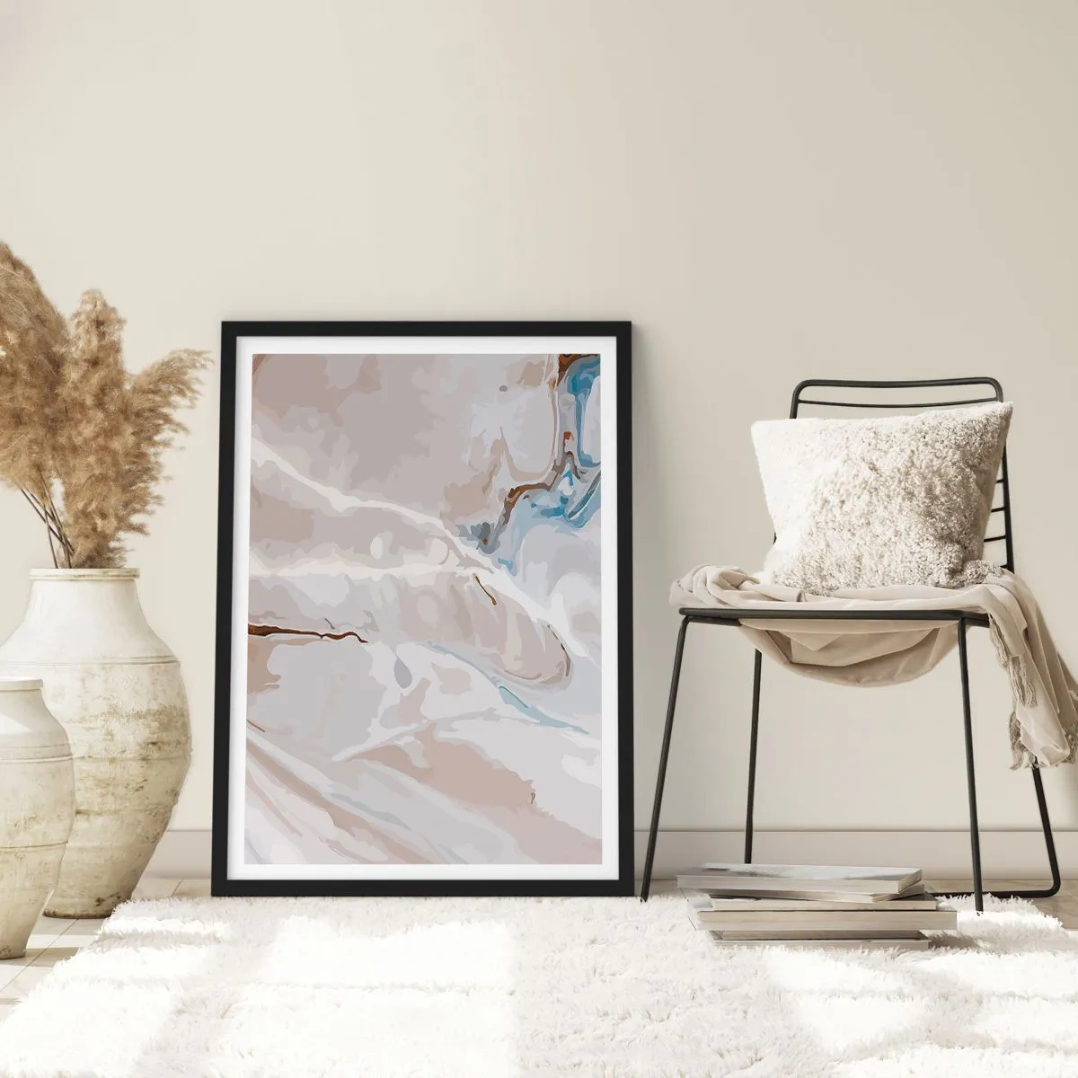 Poster în ramă neagră - Model de marmură în nuanțe delicate de bej și albastru - 50x70cm - Meandre albastre sub alb - Decorațiune modernă pentru perete pentru living și dormitor ARTTOR