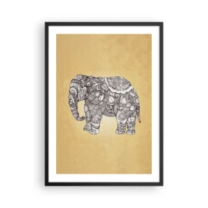 Poster în ramă neagră - Ilustrație decorativă a unui elefant cu ornamente complexe pe un fundal auriu - 50x70cm - Elefantul oriental - Decorațiune modernă pentru perete pentru living și dormitor ARTTOR