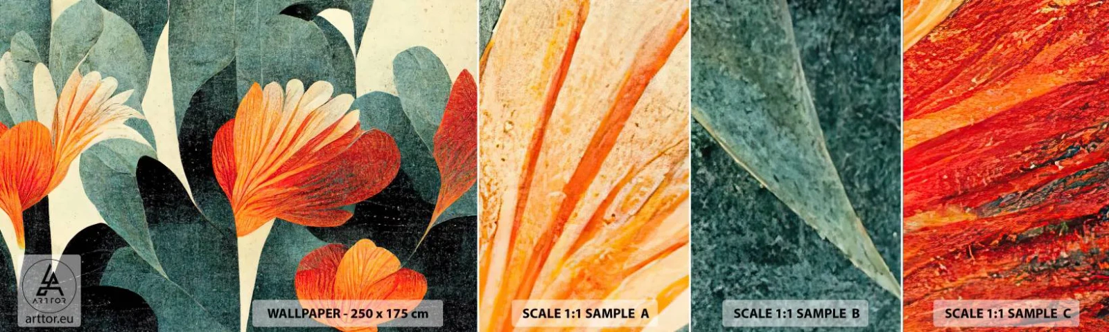 Mostră tapet autocolant Deluxe Sticker - Căldura de la tropice și răcoarea verdeței - Botanică, Boho, Grunge - 100x30 cm