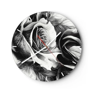 Ceas de perete - Ceas pe sticlă - Operă de artă cu trandafiri alb-negru într-un stil clasic de desen - 30x30cm - Mereu regina - Decorațiune modernă pentru perete pentru living, bucătărie și dormitor ARTTOR