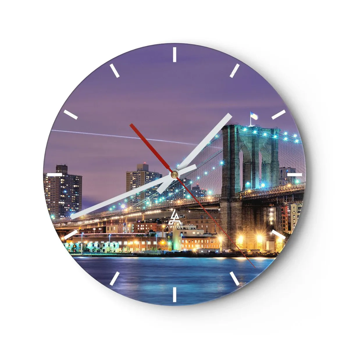 Ceas de perete - Ceas pe sticlă - Un pod iluminat noaptea peste râu, cu vedere asupra orașului - 30x30cm - De mulți ani, Podul Brooklyn - Decorațiune modernă pentru perete pentru living, bucătărie și dormitor ARTTOR