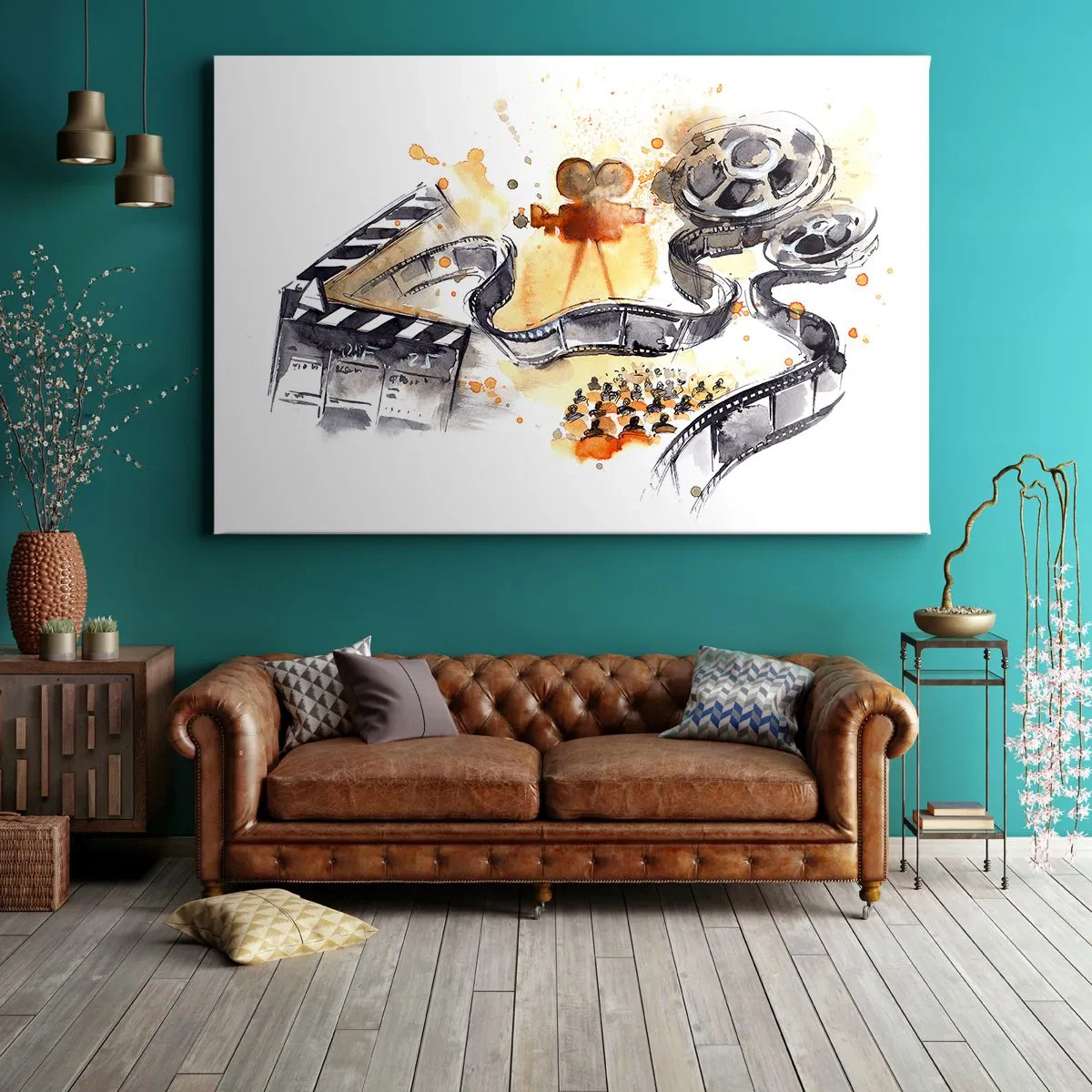 Tablou pe pânză Canvas - Simbolismul cinematografiei cu o bandă de film într-o acuarelă artistică - 70x50cm - În țara viselor - Decorațiune modernă pentru perete pentru living și dormitor ARTTOR