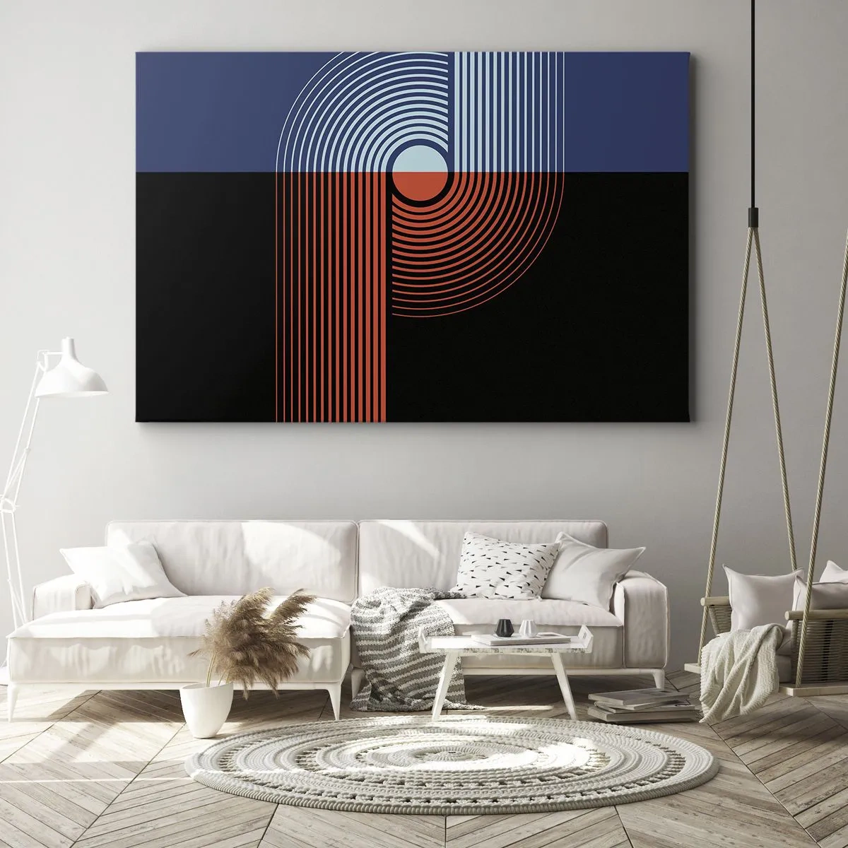 Tablou pe pânză Canvas - Abstracție geometrică cu linii în albastru marin și portocaliu. - 70x50cm - Într-o îmbrăţişare geometrică - Decorațiune modernă pentru perete pentru living și dormitor ARTTOR