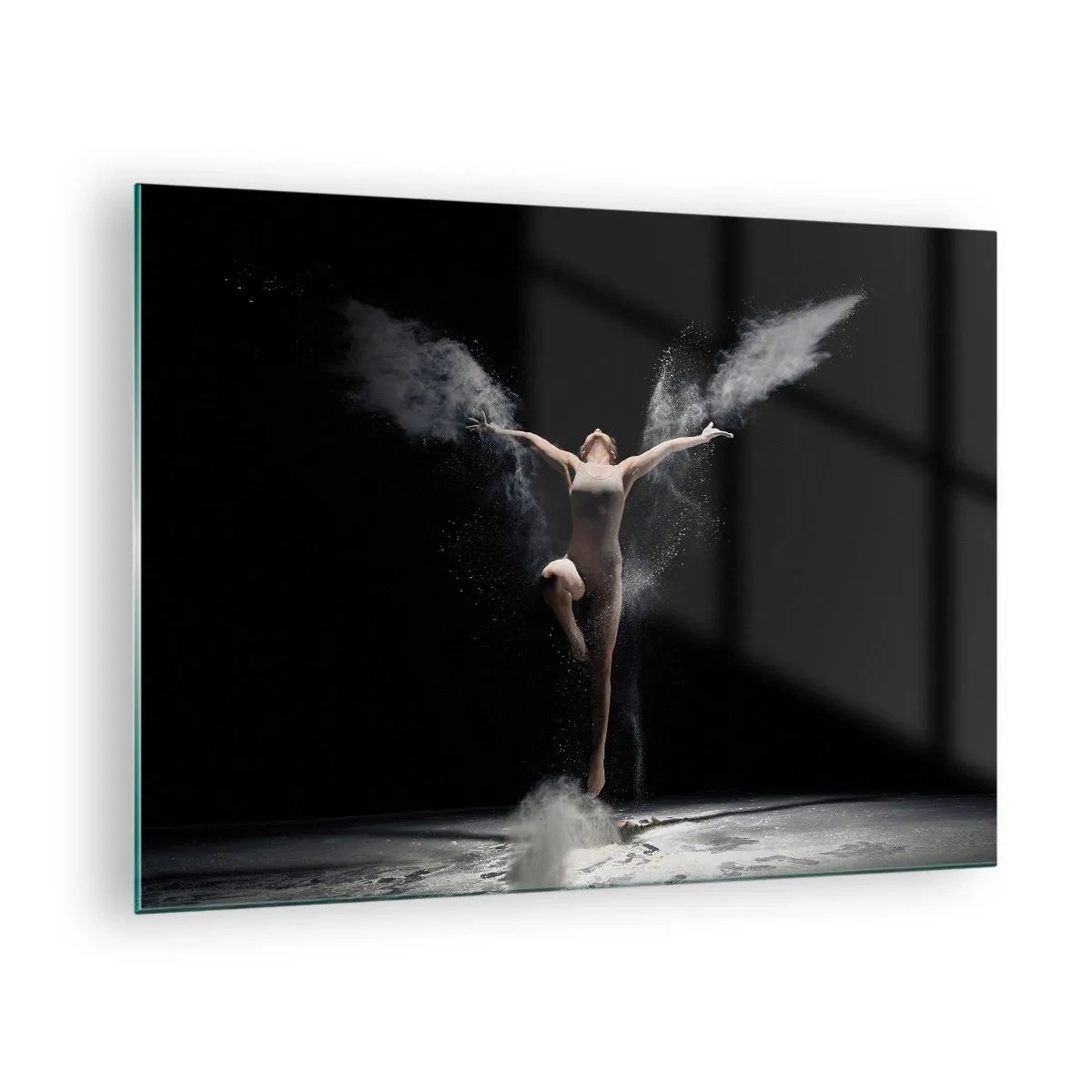 Tablou pe sticlă - O dansatoare în nori de pudră pe un fundal negru - 70x50cm - Elfii există - Decorațiune modernă pentru perete pentru living și dormitor ARTTOR