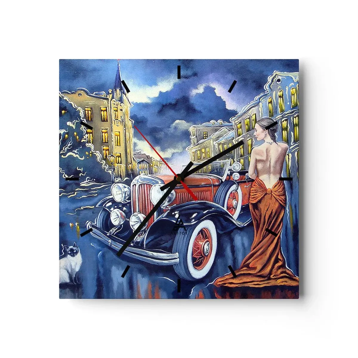 Ceas de perete - Ceas pe sticlă - Nocturne în albastru și coral - 30x30 cm