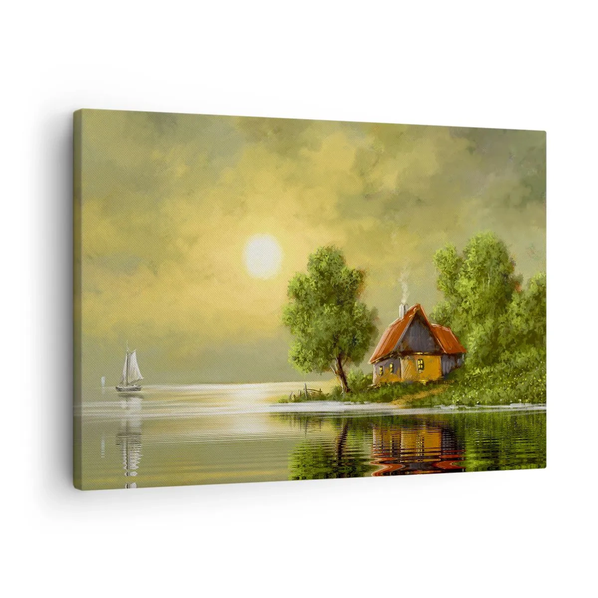 Tablou pe pânză Canvas - Casă de la lac în lumina apusului - 70x50cm - Frumos, ca dintr-o imagine - Decorațiune modernă pentru perete pentru living și dormitor ARTTOR