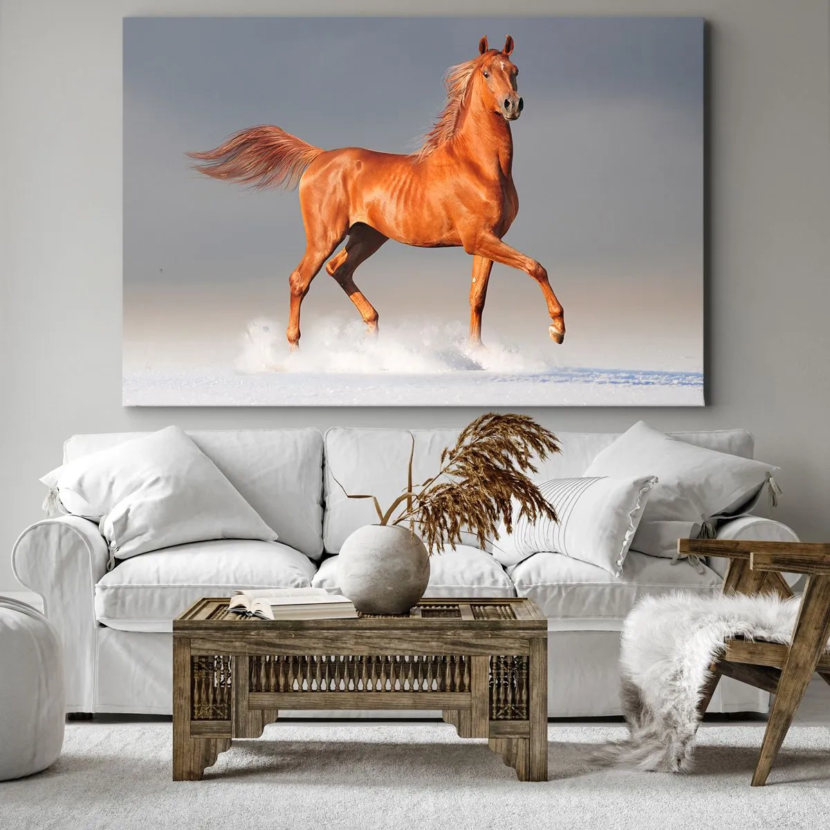 Tablou pe pânză Canvas - Un cal galopând pe un cer albastru - 70x50cm - Dansul grației - Decorațiune modernă pentru perete pentru living și dormitor ARTTOR