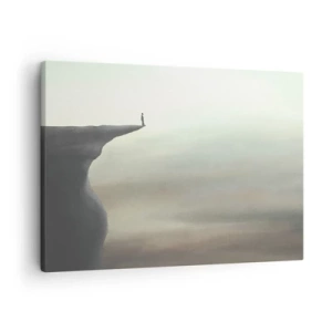 Tablou pe pânză Canvas - Silueta unei figuri pe marginea unei stânci într-un peisaj cețos - 70x50cm - În sus, bineînțeles! - Decorațiune modernă pentru perete pentru living și dormitor ARTTOR