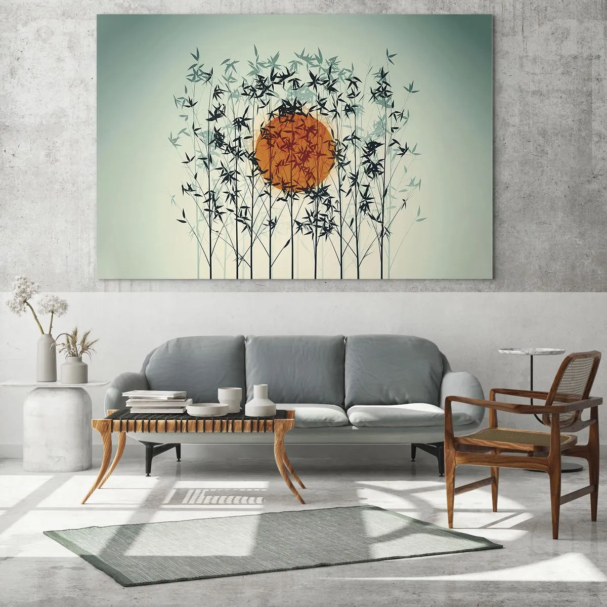 Tablou pe sticlă - Soare roșu printre frunze delicate de bambus - 70x50cm - Soarele japonez - Decorațiune modernă pentru perete pentru living și dormitor ARTTOR