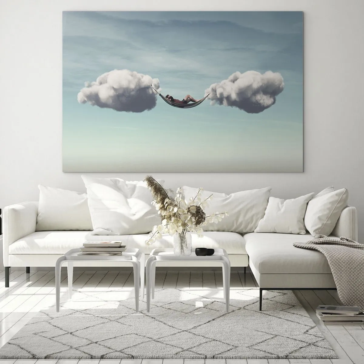 Tablou pe sticlă - Hamacuri de nori pe un cer albastru - 70x50cm - Fericirea momentului - Decorațiune modernă pentru perete pentru living și dormitor ARTTOR