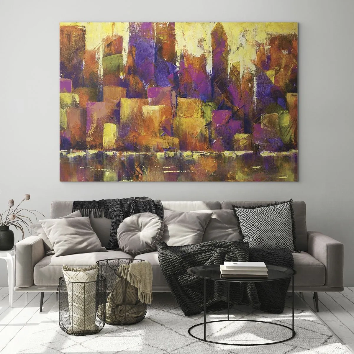 Tablou pe sticlă - O metropolă abstractă în culori calde cu accente de violet. - 70x50cm - Compoziția metropolitană - Decorațiune modernă pentru perete pentru living și dormitor ARTTOR