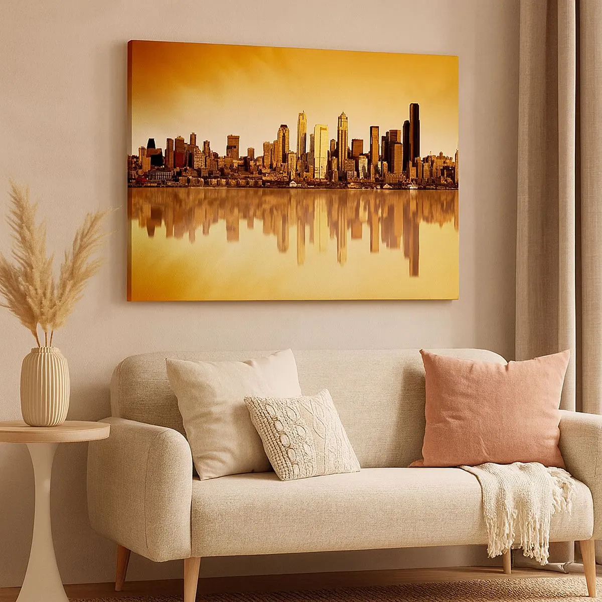 Tablou pe pânză Canvas - Panorama orașului reflectată în apă la apus - 70x50cm - Liniștea metropolei - Decorațiune modernă pentru perete pentru living și dormitor ARTTOR