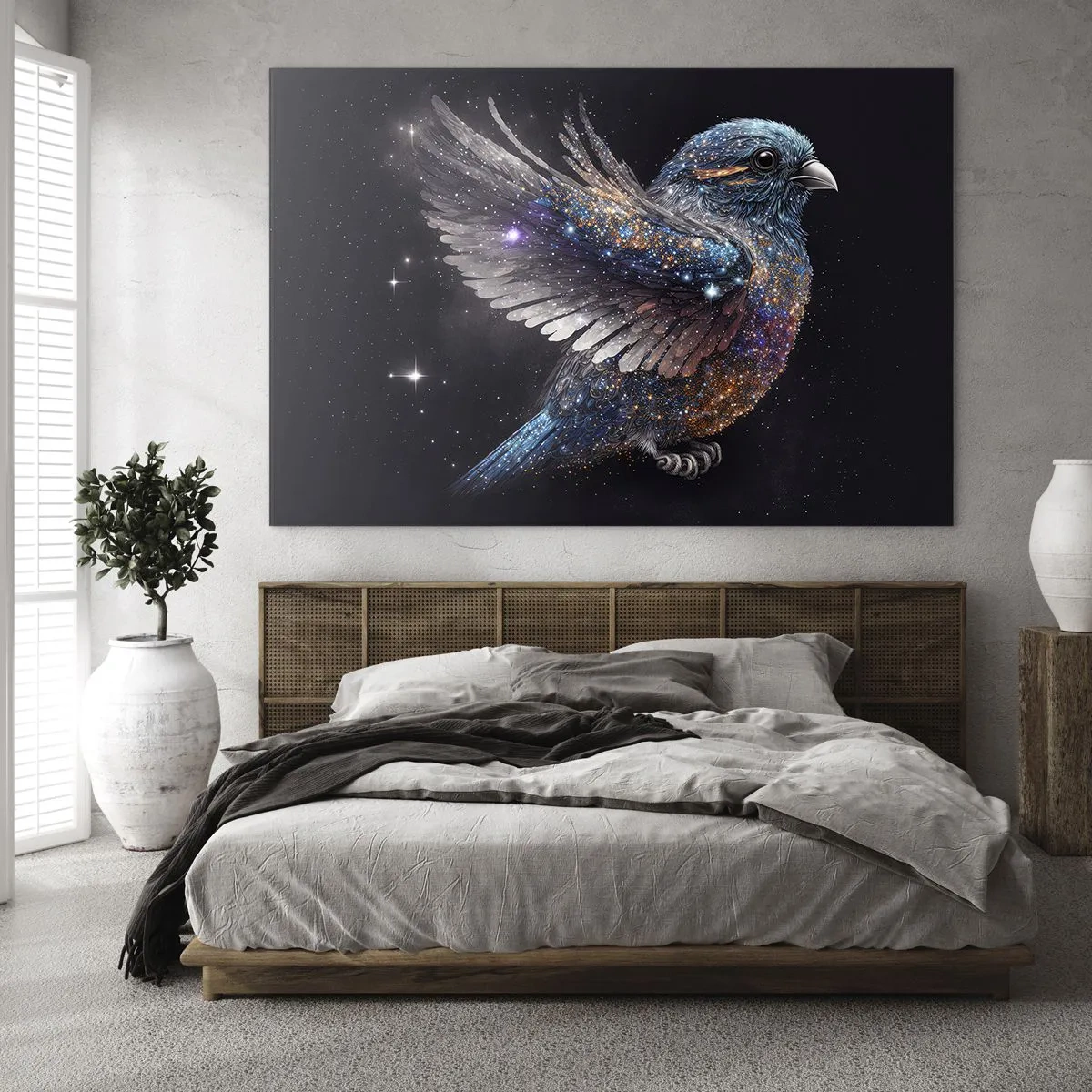 Tablou pe sticlă - Vrăbiuță spațială cu sclipici de diamant - 70x50cm - Vrăbiuța de diamant - Decorațiune modernă pentru perete pentru living și dormitor ARTTOR